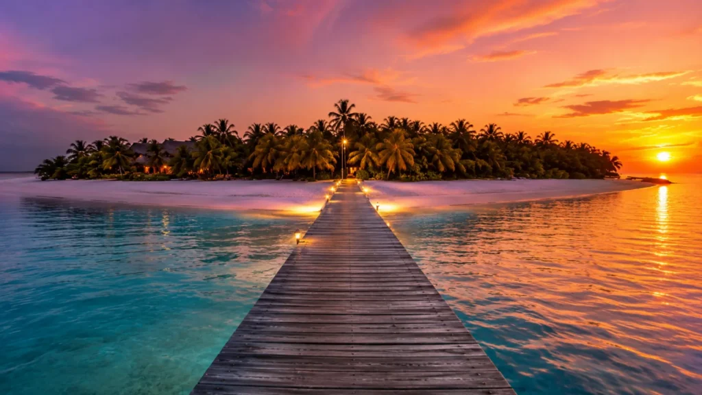 Suasana sunset eksotis di Pulau Pari dengan laut biru jernih dan dermaga kayu yang menjadi ikon wisata Kepulauan Seribu.