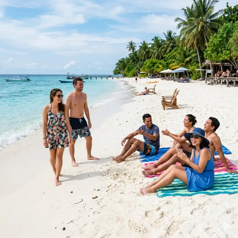 Peserta open trip Pulau Sepa menikmati pantai pasir putih dan laut jernih di Kepulauan Seribu.