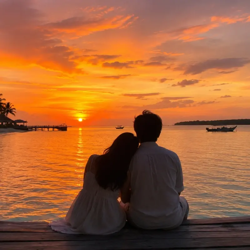 Peserta open trip menikmati pemandangan matahari terbenam di pantai Pulau Sepa dengan suasana romantis.