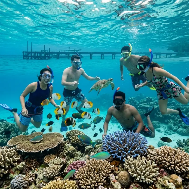 Peserta snorkeling menikmati keindahan terumbu karang dan ikan tropis di perairan Pulau Sepa.