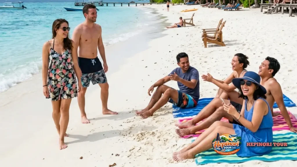 Wisatawan bercengkrama di pantai pasir perawan pulau pari